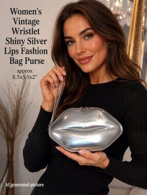 Women's Vintage Wristlet Shiny Silver Lips Fashion Bag Purse